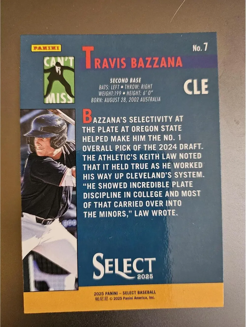 Travis Bazzana #7 - 2025 Panini Select Can't miss prospect insert - RAW Mint